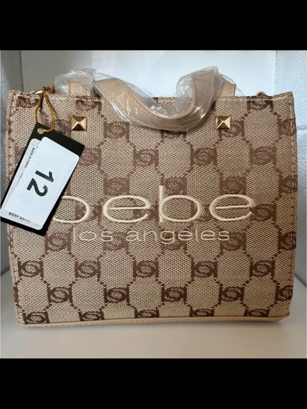 bebe Beige Logo Tote with Stud Accents